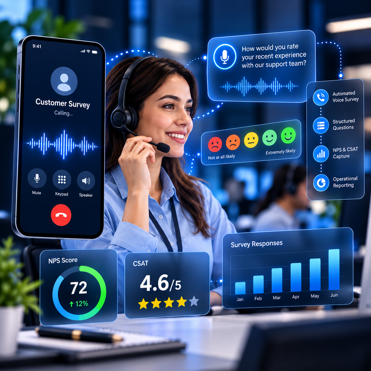 Voice survey analytics showing NPS, CSAT and customer feedback